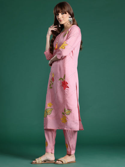 Floral Embroidered Sequinned Kurta with Trousers & Dupatta