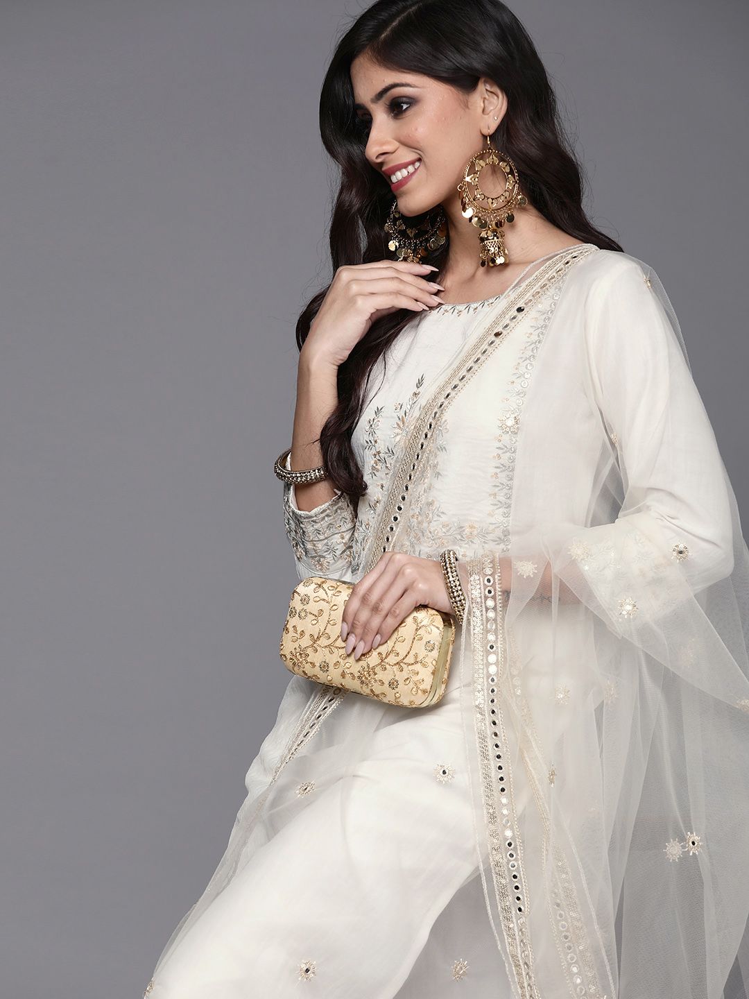 Women White Ethnic Motifs Embroidered Kurta with Trousers & With Dupatta