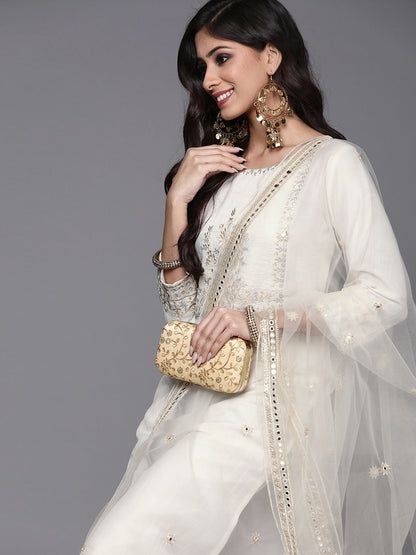 Women White Ethnic Motifs Embroidered Kurta with Trousers & With Dupatta