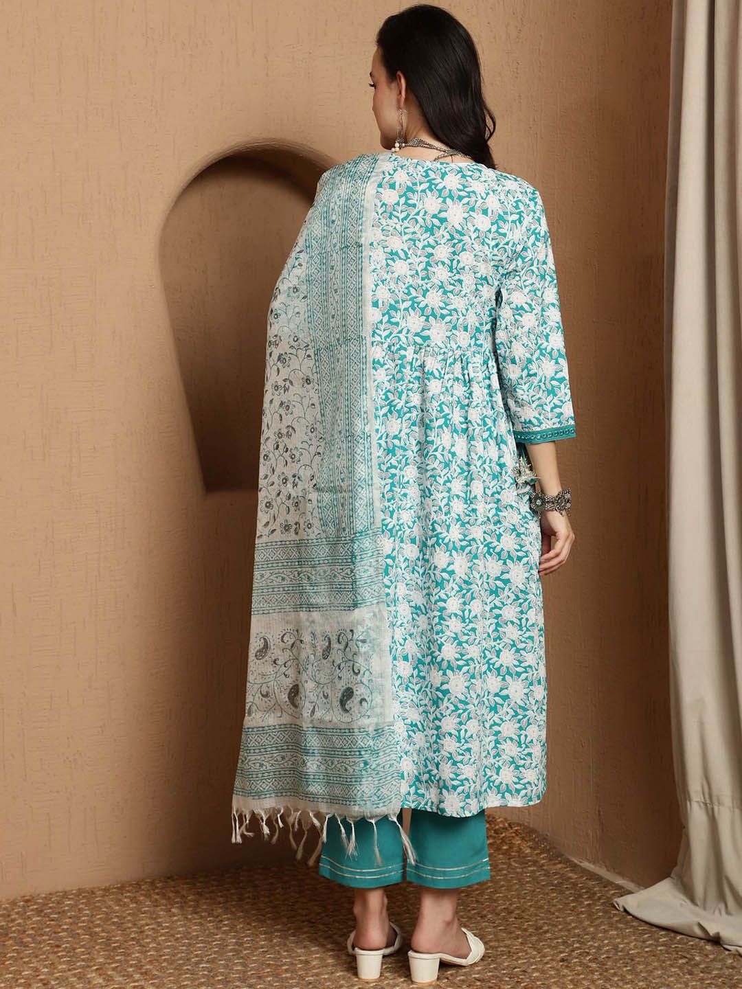 Dhiyona SN Women's Floral Printed Pure Cotton Anarkali Kurta & Trousers With Dupatta