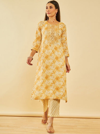 Dhiyona SO Women's Mustared Yellow & Beige Floral Printed Straight Kurta with Trousers