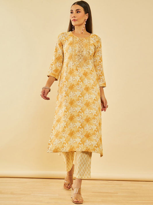 Dhiyona SO Women's Mustared Yellow & Beige Floral Printed Straight Kurta with Trousers