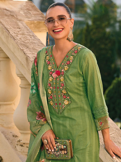 Dhiyona IE Floral Embroidered Thread Work Pure Cotton Kurta with Trousers & Dupatta