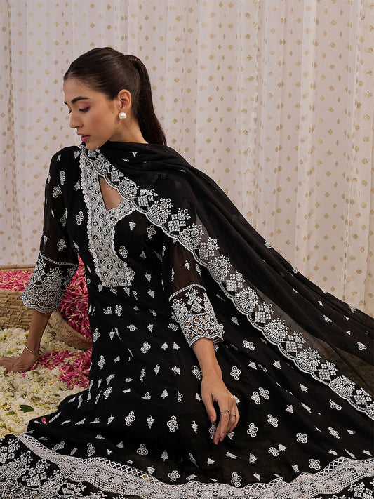 Dhiyona IE Ethnic Motifs Embroidered Pure Cotton Anarkali Kurta With Trouser And Dupatta