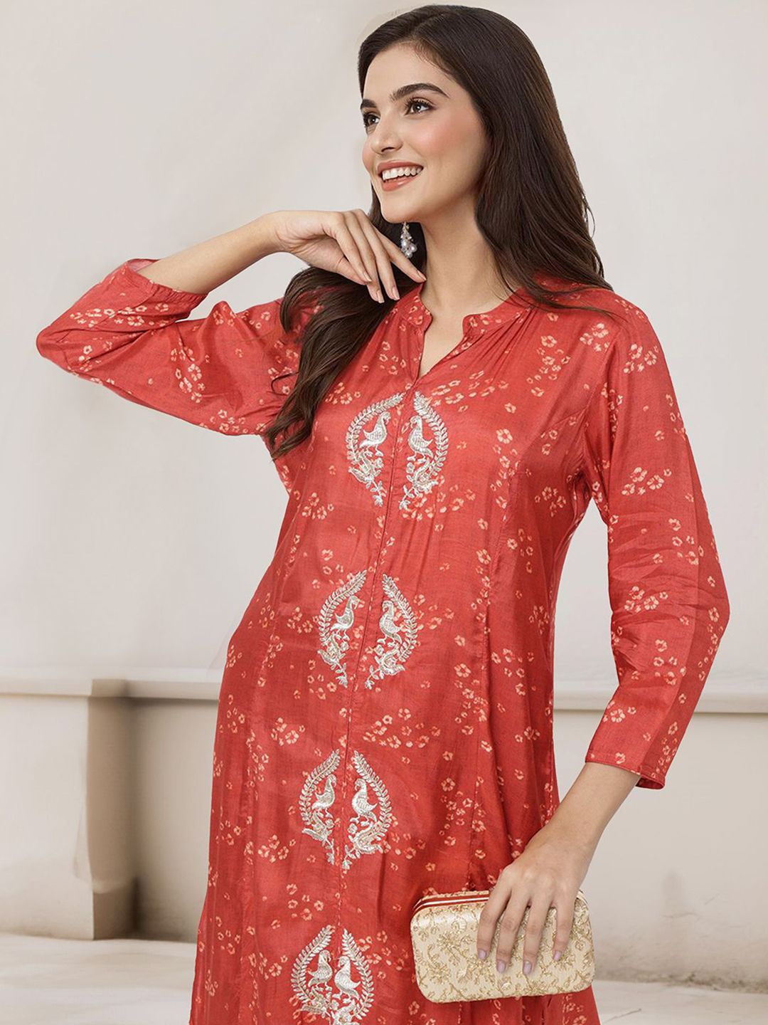 Dhiyona IS Women's Bandhani Printed Mandarin Collar A-Line Kurta With Trousers