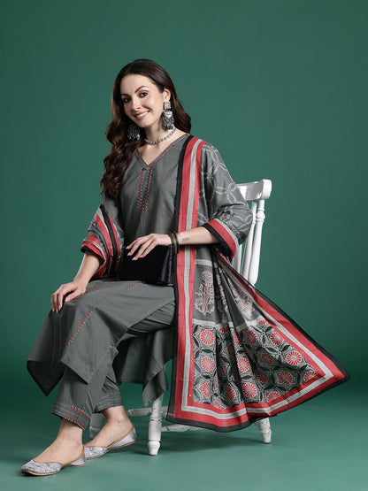 Embroidered Thread Work Pure Cotton Kurta with Trousers & With Dupatta