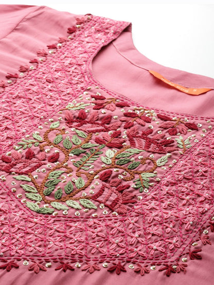 Floral Embroidered Thread Work Kurta with Trousers & With Dupatta