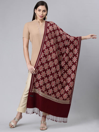 Dhiyona PA Women Maroon Embroidered Shawl