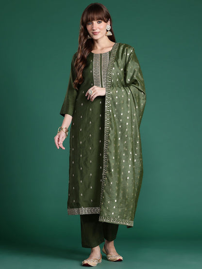 Dhiyona IE Ethnic Motifs Embroidered Sequinned Kurta with Trousers & Dupatta