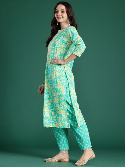 Dhiyona IE Floral Printed Pure Cotton Kurta with Trousers & With Dupatta