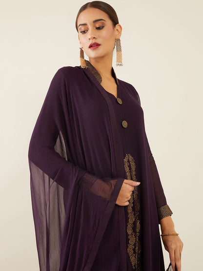Dhiyona SO Women's Women Purple Embellished Layered Silk Georgette Kurta with Churidar & Dupatta