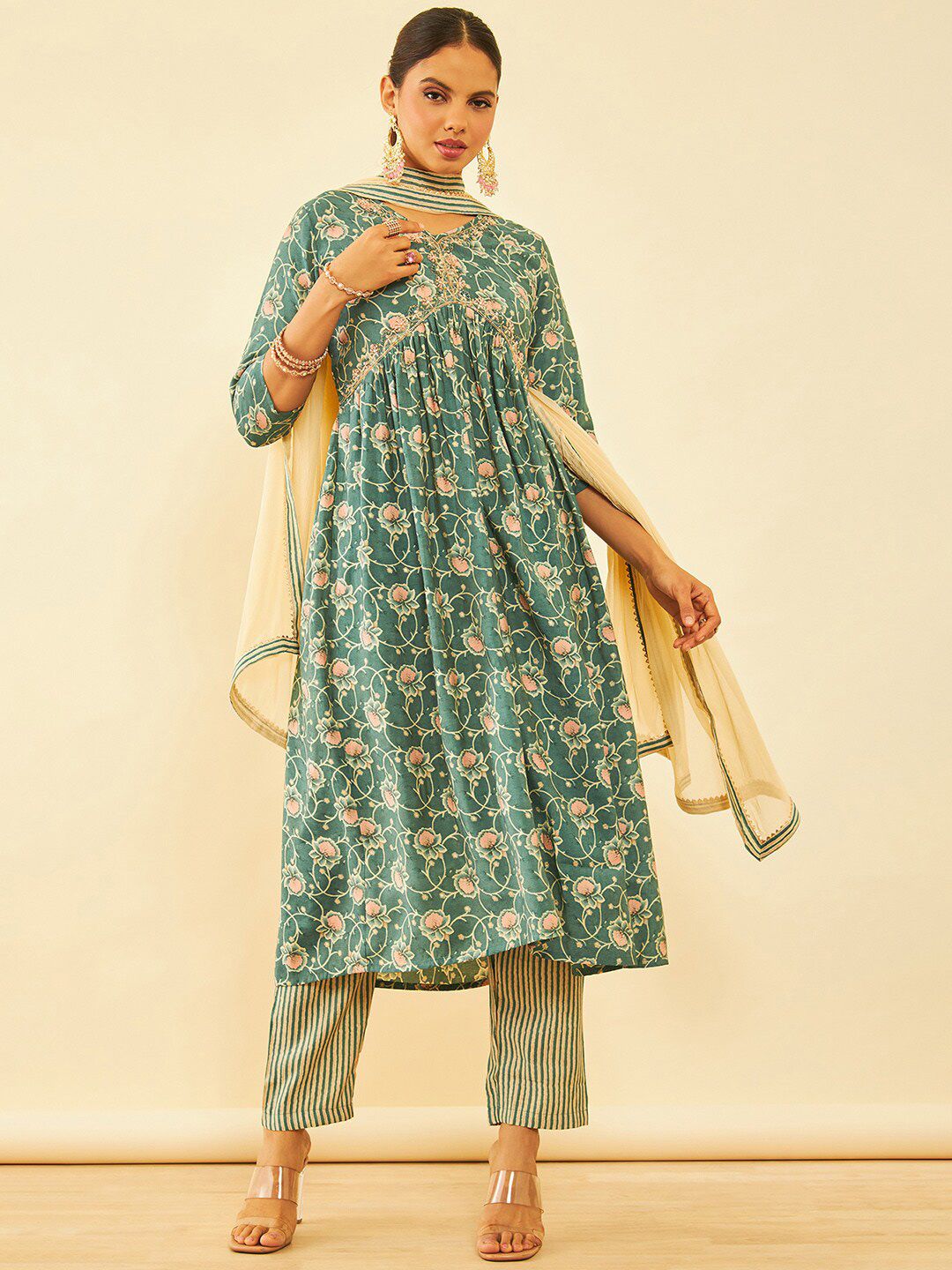 Dhiyona SO Women's Teal Floral Printed Sequinned Anarkali Kurta with Trousers & Dupatta
