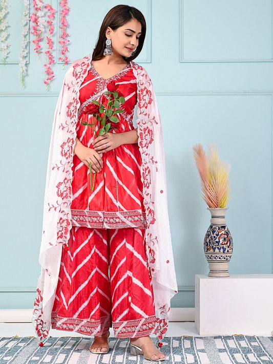 Dhiyona SN Red & White Leheriya Printed Thread Work Silk Kurta With Sharara & Dupatta