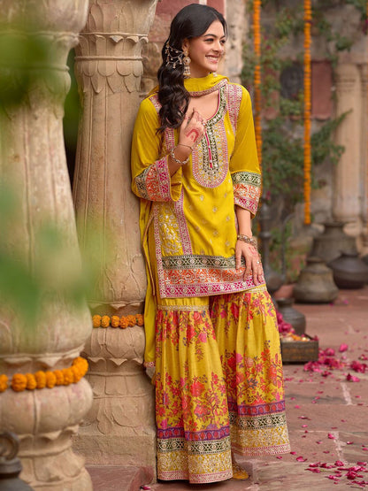 Dhiyona IE Embroidered Sequinned Kurti With Sharara & Dupatta