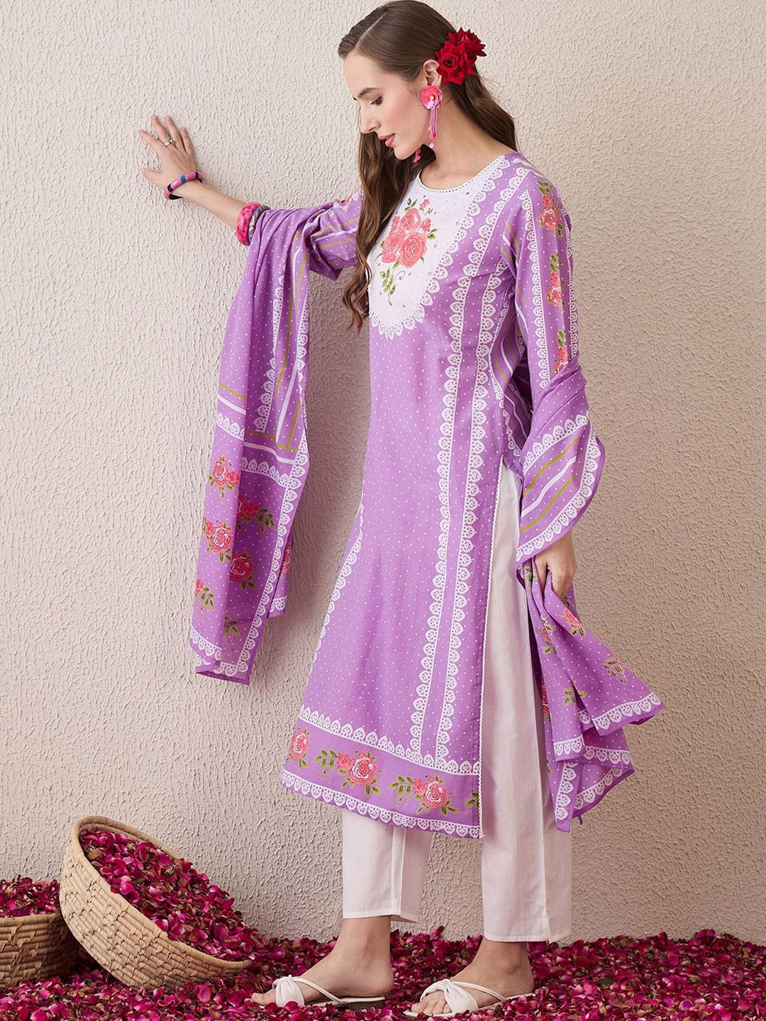 Floral Printed Sequinned Pure Cotton Straight Kurta With Trouser And Dupatta