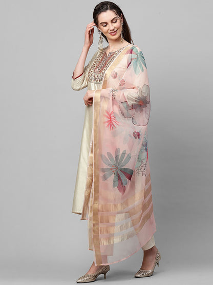 Women Cream-Coloured Floral Yoke Design Regular Thread Work Liva Kurta with Trousers & With Dupatta