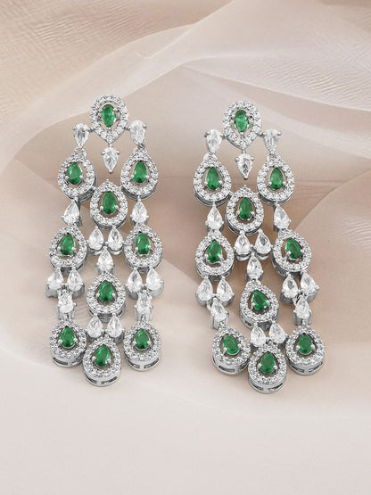 Dhiyona RJ Women's Rhodium-Plated Emerald Green & White Cubic Zirconia Premium Chandelier Earrings