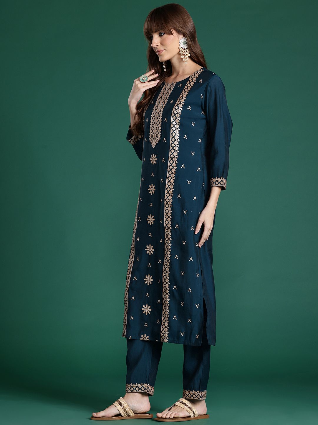 Ethnic Motifs Embroidered Panelled Sequinned Kurta with Trousers & With Dupatta