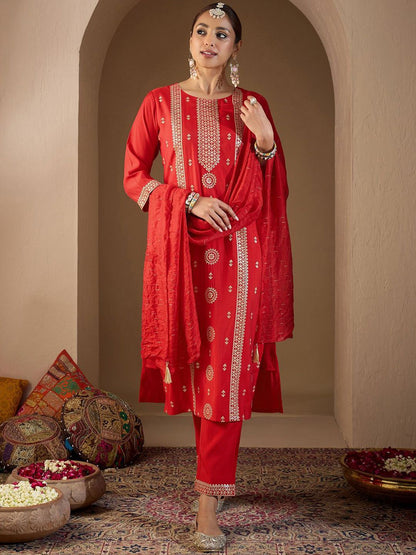 Dhiyona IE Women Ethnic Motifs Embroidered Regular Sequinned Kurta with Trousers & With Dupatta