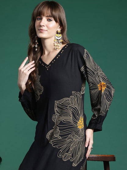 Floral Printed Regular Beads and Stones Kurta with Trousers