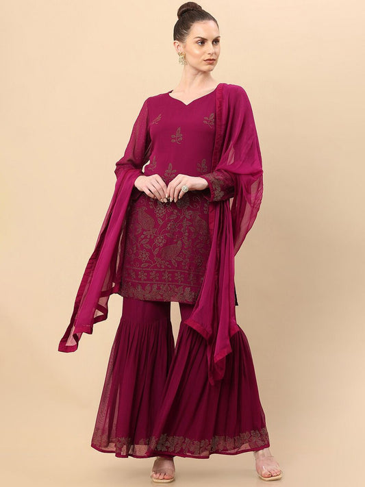 Dhiyona SO Women's Women Magenta Floral Embroidered Beads and Stones Kurta with Sharara & Dupatta