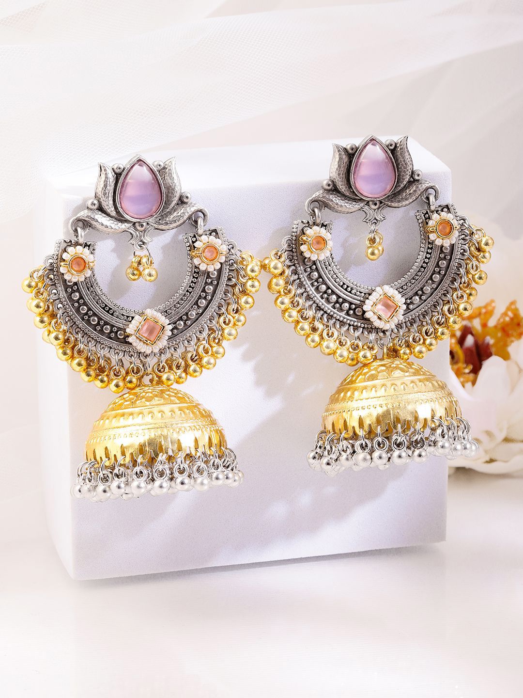 Dhiyona RJ Women's Silver & Gold Dual-Plated Oxidised Long Lotus Motif Pink Stone Jhumka Earrings