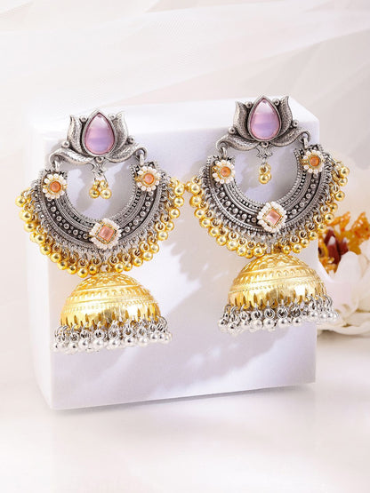 Dhiyona RJ Women's Silver & Gold Dual-Plated Oxidised Long Lotus Motif Pink Stone Jhumka Earrings
