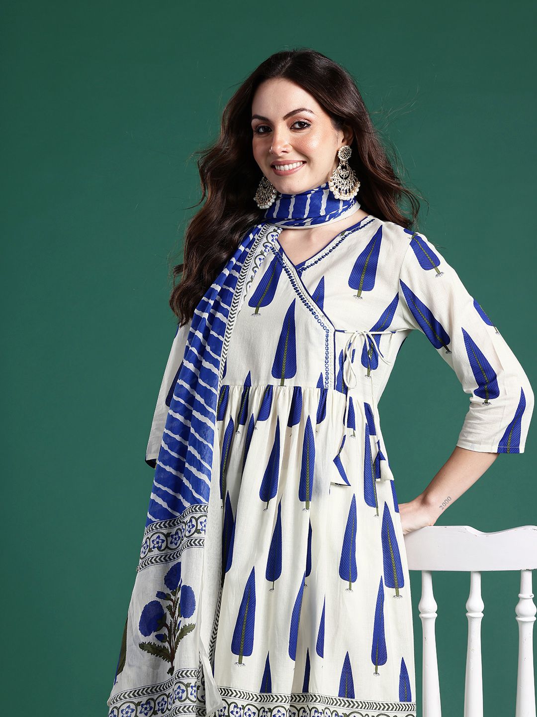 Ethnic Motifs Printed Angrakha Pure Cotton Kurta with Trousers & Dupatta