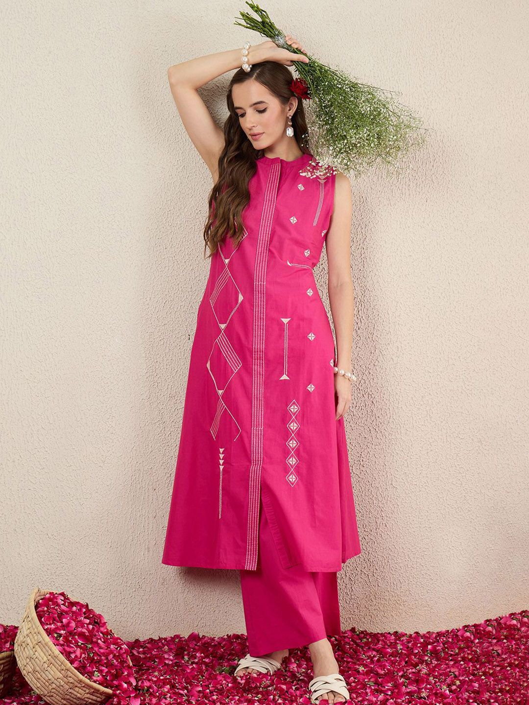 Women Ethnic Motifs Embroidered Regular Pure Cotton Kurta with Palazzos