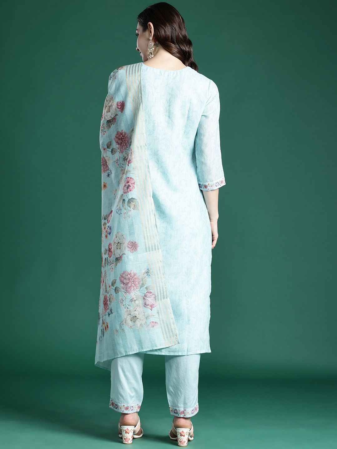 Floral Embroidered Linen Kurta with Trousers & With Dupatta