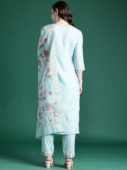 Floral Embroidered Linen Kurta with Trousers & With Dupatta