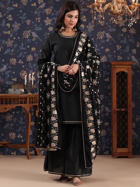 Dhiyona PD Women Thread Work A-Line Kurta With Sharara & Dupatta