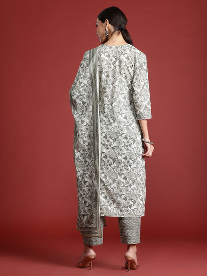 Dhiyona IE Women Floral Printed Pure Cotton Kurta with Trousers & With Dupatta