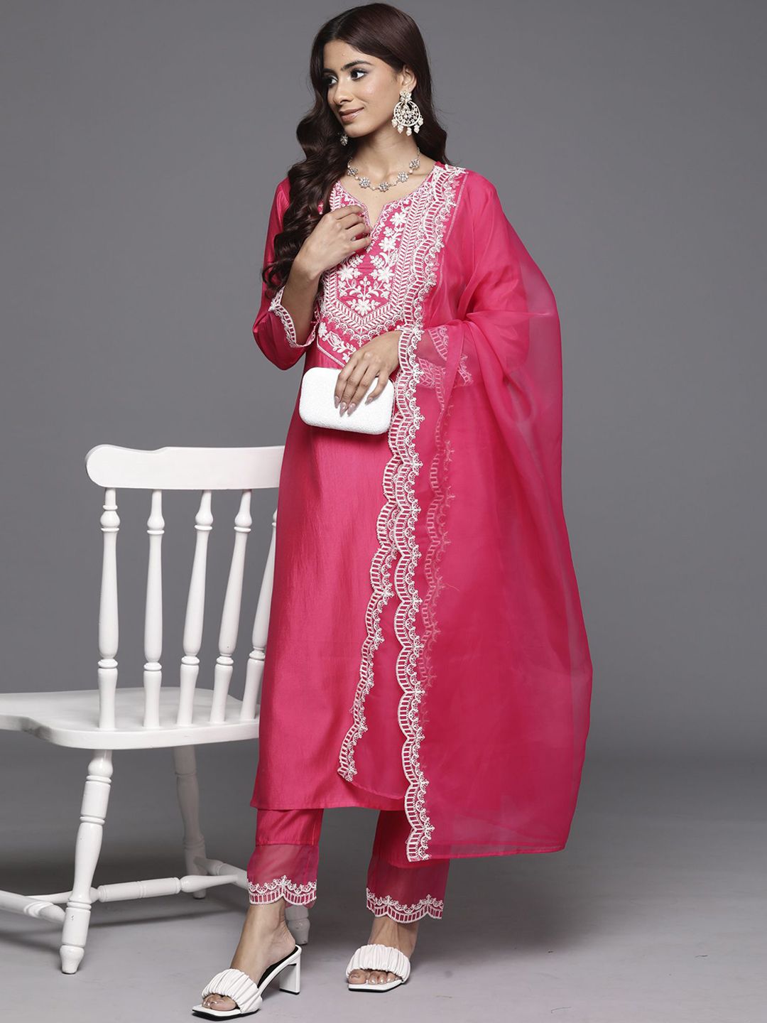 Ethnic Motifs Yoke Design Straight Thread Work Liva Kurta with Trousers & Dupatta