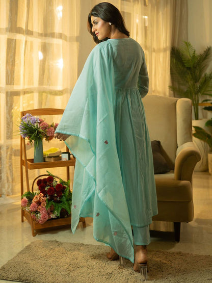 Floral Yoke Design Thread Work Pure Cotton A-Line Kurta With Trousers & Dupatta