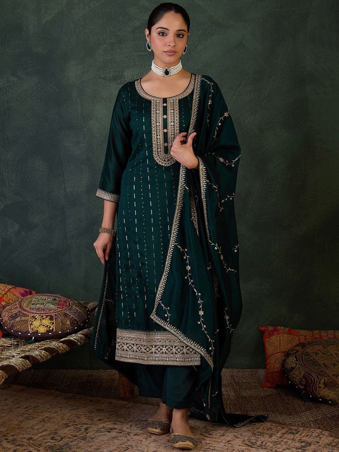 Women Ethnic Motifs Regular Sequinned Kurta with Trousers & With Dupatta