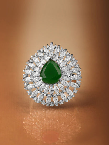 Dhiyona RJ Women's Rhodium Plated High Quality AD & Emerald Stone Studded Finger Ring