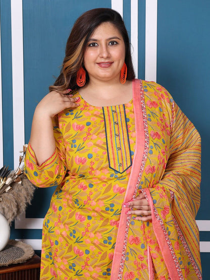 Dhiyona KL Plus Size Floral Printed Pure Cotton Straight Kurta with Palazzos & Dupatta