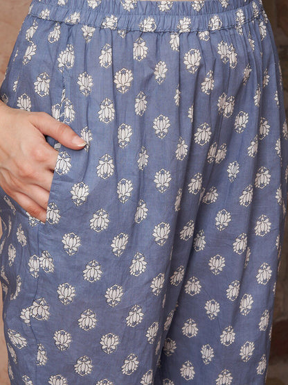 Dhiyona SN Women's Blue Printed Thread Work Pure Cotton Empire A-Line Kurta with Trousers & Dupatta