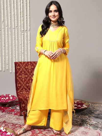 Dhiyona VA Women'sV-Neck A-Line Pleated Kurta with Palazzos & With Dupatta