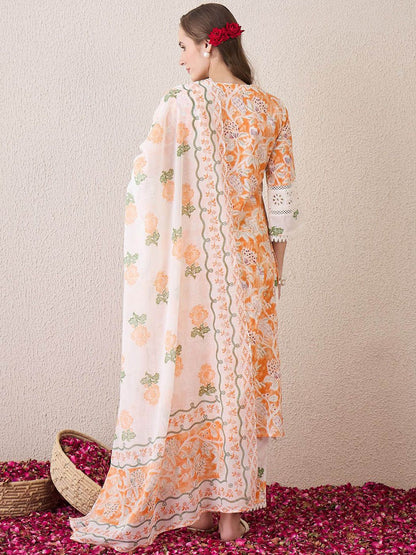 Floral Printed Beads and Stones Pure Cotton Straight Kurta & Trousers & Dupatta