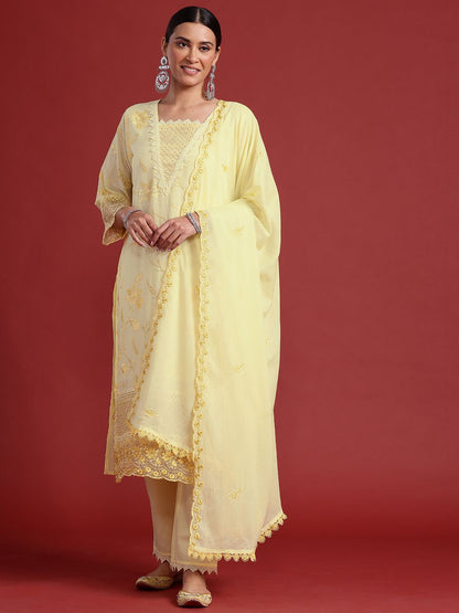 Dhiyona IE Floral Embroidered Thread Work Pure Cotton Kurta With Trousers & Dupatta