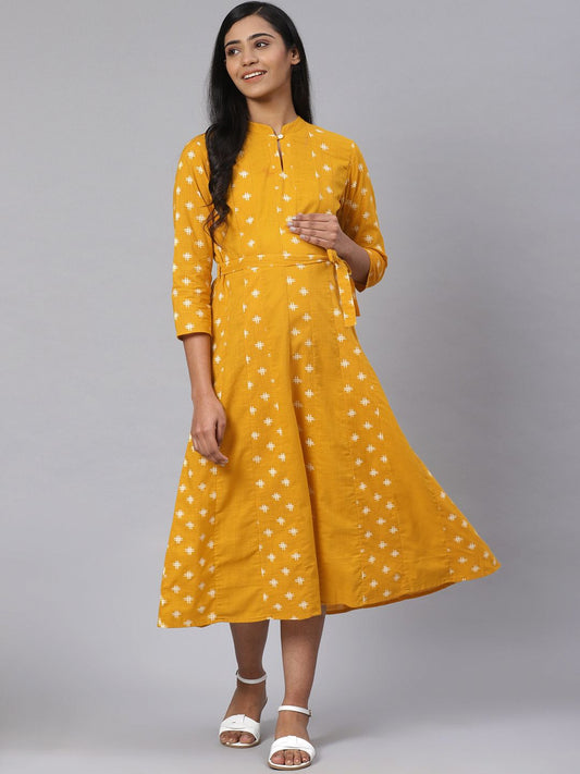 Dhiyona AY Women's Mustard Yellow & Off-White Printed Pure Cotton Maternity A-Line Dress