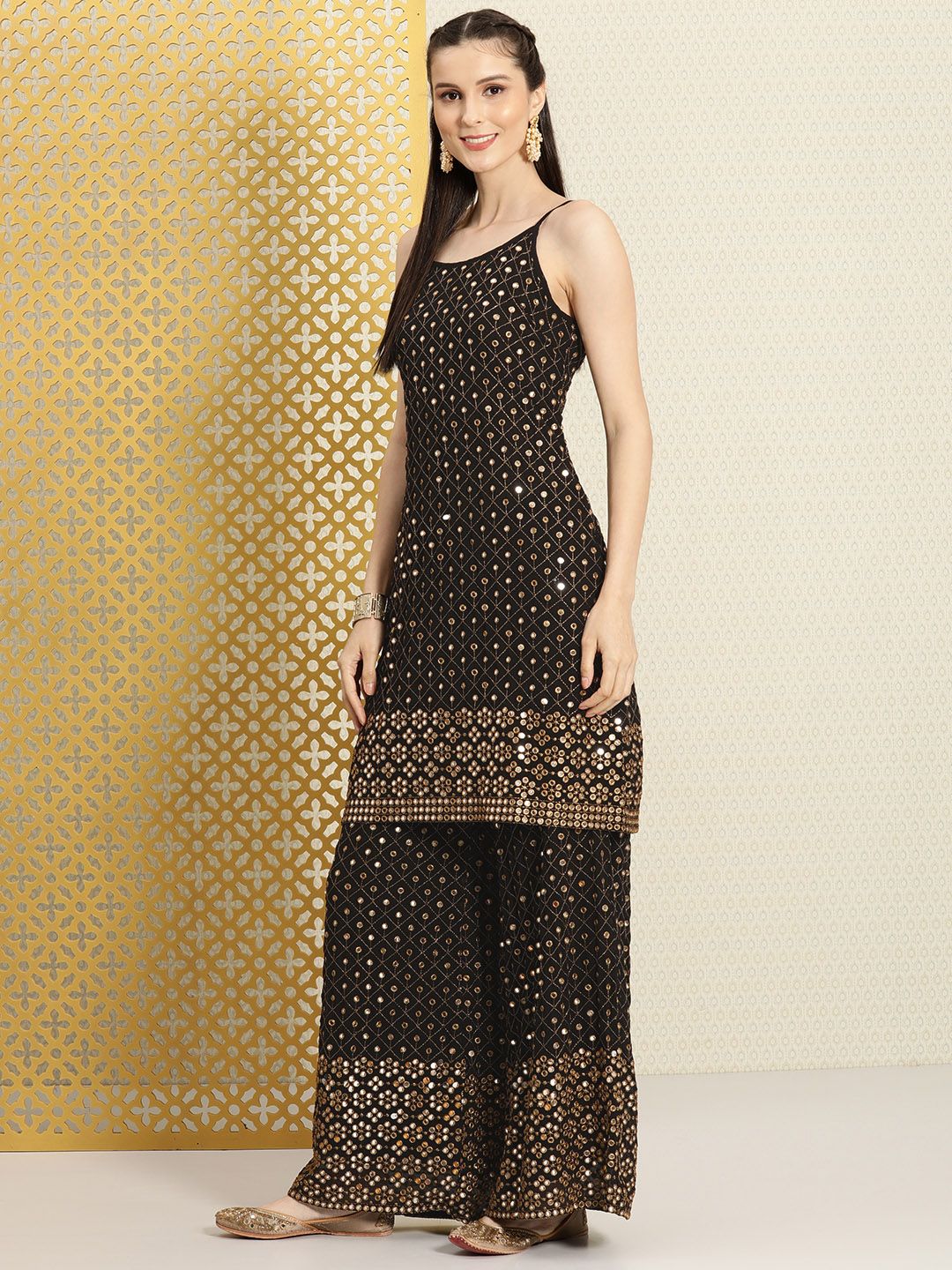 Dhiyona PD Women Women Black Mirror Work Jashn Kurta with Palazzos & Dupatta
