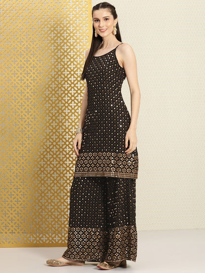 Dhiyona PD Women Women Black Mirror Work Jashn Kurta with Palazzos & Dupatta