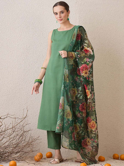 Dhiyona IE Floral Printed Round Neck Cotton Straight Kurta With Trousers & Dupatta