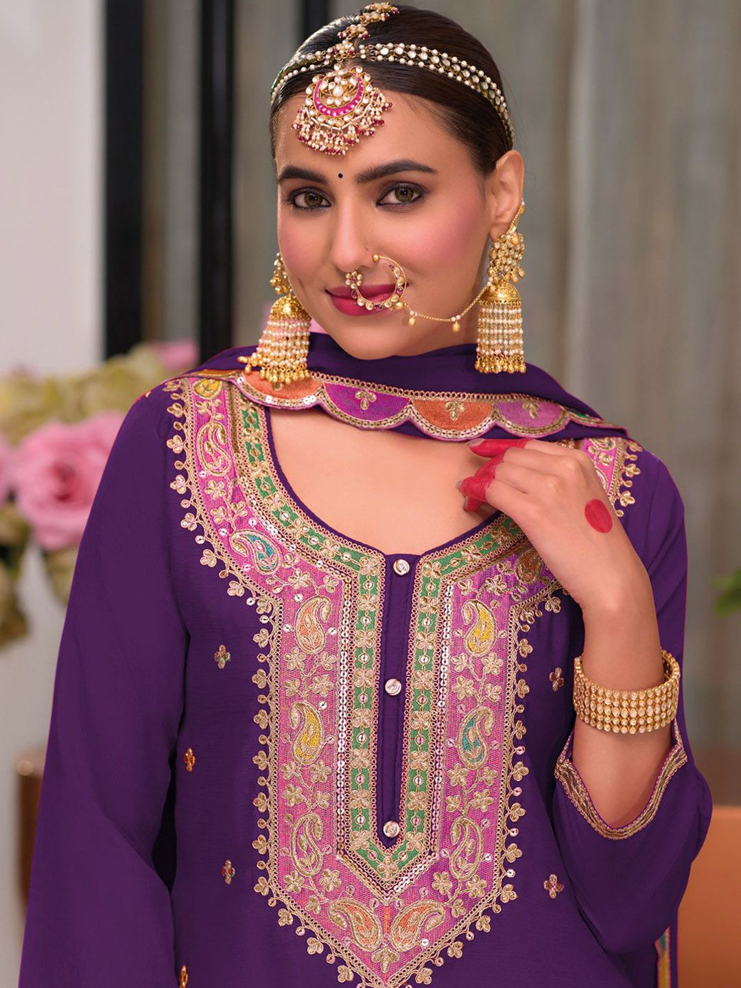 Dhiyona IE Floral Embroidered Sequinned Chinon Straight Kurta With Palazzos & Dupatta