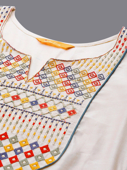 Women Embroidered Thread Work Cotton Kurta with Palazzos & Dupatta