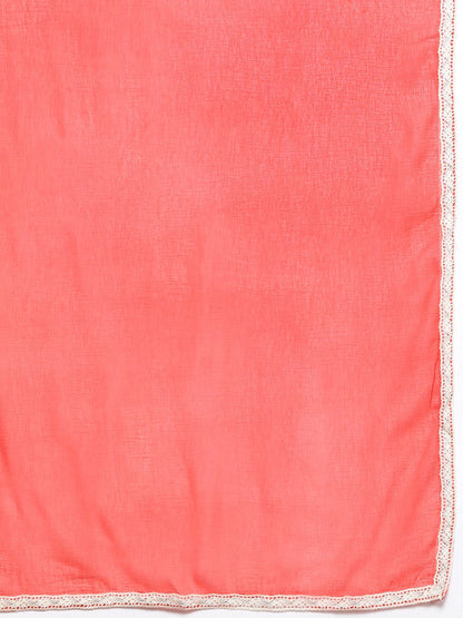 Women Coral Red Ethnic Motifs Printed Kurta with Trousers & With Dupatta