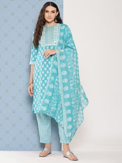 Dhiyona IE Women Floral Printed Regular Sequinned Pure Cotton Kurta with Trousers & Dupatta